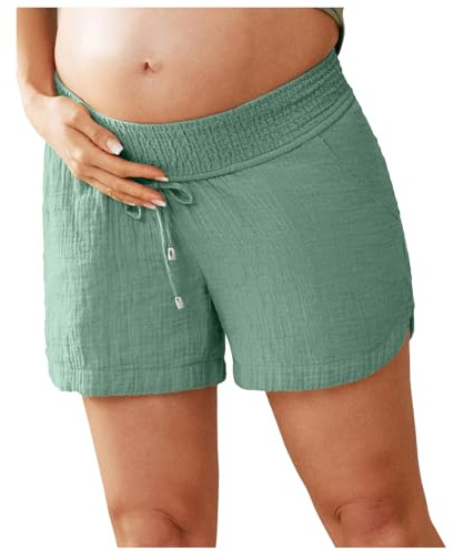 Short Lin Coton Enceinte Grossesse Taille élastique été Short Maternité Chic Pas Cher Shorts Grossesse Femme Large Grande Taille Pantalon Court Femme Confortable (Mint Green, M)