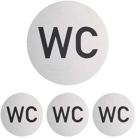 Relaxdays Targhetta per Porta, Toilette WC, Set da 4 Cartelli da Bagno Autoadesivi, Targa Ø 10 cm, Alluminio, Argentato