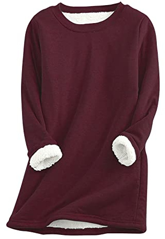 Womens Warm Sweatshirt Fleece Lined Long Sleeve Pullover Tops Plain Casual Loose Fit Longline Ladies Sweater Jumpers Autumn Winter Comfy Soft Thermal Long Tops