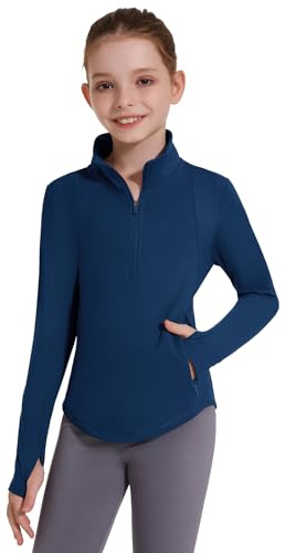 Emlovm Girls Long Sleeve Shirts Horse Riding Equestrian Fleece Jackets Thermal Shirt Half Zip Pullover Kids Sweatshirts Winter Blue L