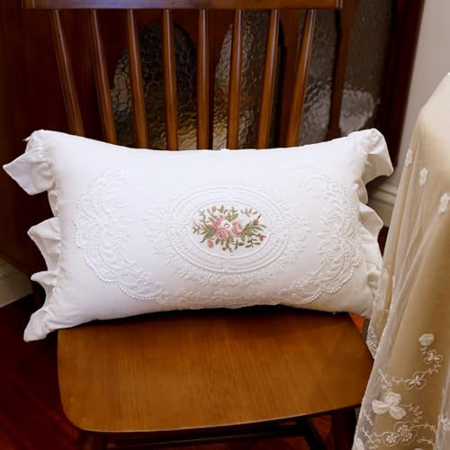 vctops Boho White Cotton Pillow Covers 12x20 Inch Lace Embroidery Ruffle Pillow Covers Vintage Lumbar Couch Cushion Case for Wedding Chair Sofa Living Room (FS White,12x20)