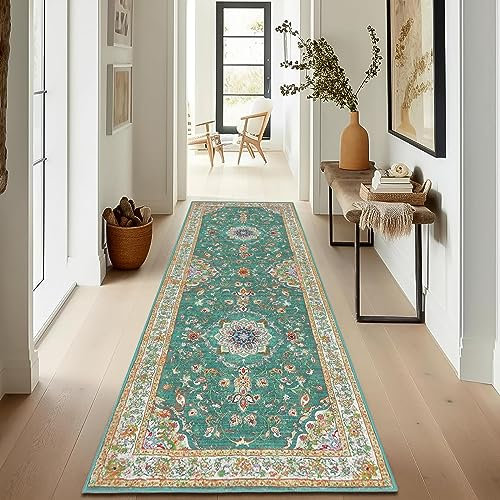 Enyhom Alfombra Pasillo Larga 80 x 200 cm, Suave Alfombra de Cocina Lavable Antideslizante Alfombra de Pasillo Verde Vintage Floral Tapete Cocina para Sala de Estar, Lavandería, Dormitorio, Comedor