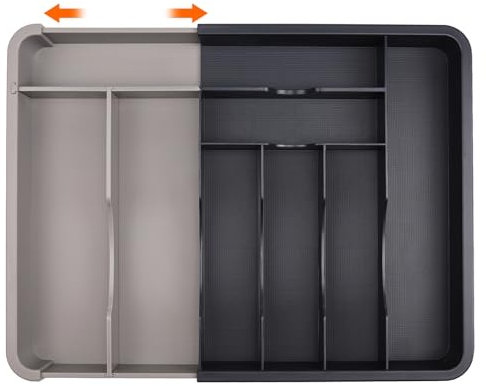 ANJUKE Cutlery Drawer Organiser, Expandable Cutlery Tray for Kitchen Drawers, Adjustable Kitchen Utensil Spoons Forks Knives Holder Storage(Grey-Black)