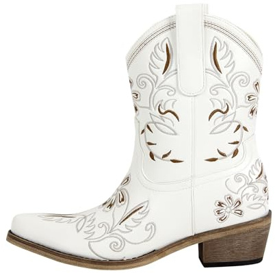 Vecipatcare Western Embroidered Cowgirl Cowboy Ankle Boots Chunky Heel Pointy Toe White Size10