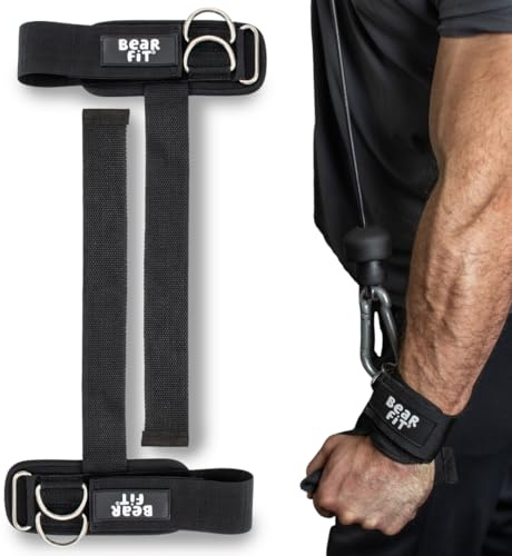 Bear Fit Weight Lifting Straps, 2-in-1 Design with Wrist Support & Double D-Ring Cuff Attachment for Cable Machine Workouts, Heavy Duty Gym Straps for Deadlift & Strength Training -Black Medium, Nylon