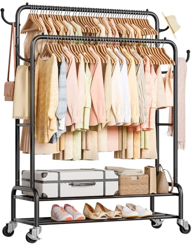 Yorbay Portant à vêtements sur roulettes Robuste: Porte-manteau en Métal charge lourde tringles - 2 couches compartiments de rangement pouvant supporter jusqu'à 120 kg pour Chambre couloir