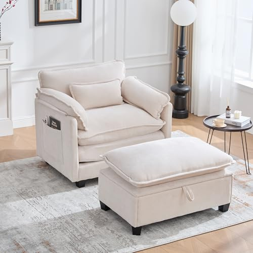 Sillón moderno XXL con reposapiés y taburete integrados, cómodo sillón de chenilla con bolsillos laterales y espacio de almacenamiento, cómoda silla de lectura para salón (103 x 85 x 91 cm, capacidad