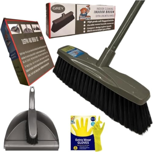 SWISSPACK Broom Indoor Sweeping Broom Brush with Long Handle, Kitchen Broom Indoor Floor Brush with Dense Soft Bristles Brooms Perfect for Sweeping Room Office Kitchen (indoor 2) (Black/Grey)