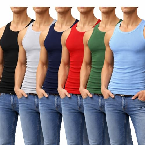 Sixhawks Mens 100% Cotton Vests 6 Pack Tank Top Assorted,Breathable Sleeveless Undershirt Gym Everyday Wear Vest Classic Fit S-5XL