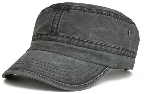 VOBOOM Washed Cotton Military Cadet Army Caps Unique Design Vintage Flat Top Hat (Black)