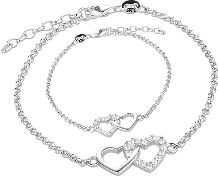 Cherished Moments 925 Sterling Silver Mom and Me Double Heart Bracelet Set for Mom and Daughter (Set-SM)