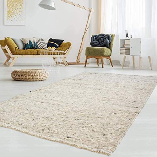 Gewalkter Handweb-Teppich Lambrecht aus hochwertiger Schurwolle edel und aufwendig verarbeitet fürs Wohnzimmer, Eszimmer, Schlafzimmer und die Küche geeignet 63 Grau Beige meliert 130 x 190 cm