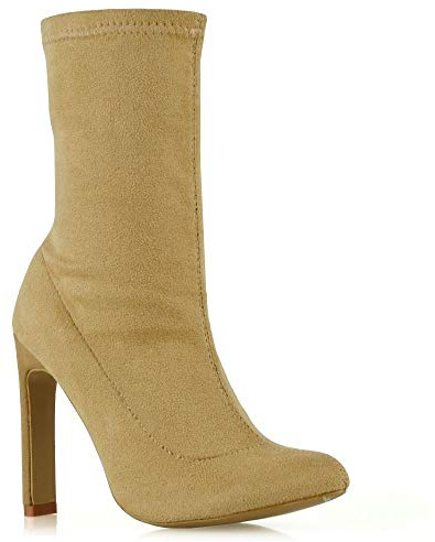 ESSEX GLAM Womens Block High Heel Ankle Boots Ladies Pull On Stretch Pointed Toe Calf Sock Booties Shoes Size 3-8