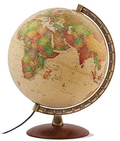 TECNODIDATTICA –Nova Rico Antiquus Globe | Illuminated and revolving | Base in premium beechwood and metallic graduated meridian | Cartography in English and with antique looking finish | 12/30cm