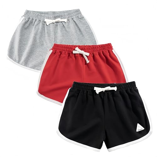Rolanko Enfant Shorts Fille Sports Coton Danse Short Gymnastique Été D'entraînement Hot Pant pour La Course Lot De 2 (Gris Rouge Noir, Taille:140, 8-9 Ans)