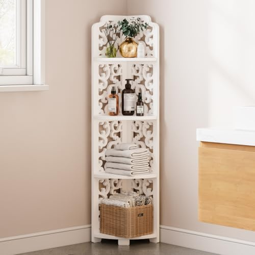 Dripex 4 Tier White Corner Shelf, Narrow Bookshelf for Small Space, Floor Standing Storage Display Rack for Bathroom, Living Room, Bedroom or Home (Baroque Style)