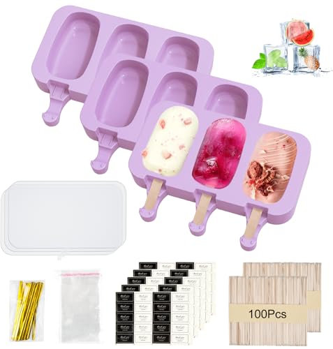 3 Pezzi Stampi per Ghiaccioli in Silicone, Stampi Gelato Grandi con Coperchi, Stampo per Gelati Viola, Stampi Magnum con 100 Bastoncini per Ghiaccioli 100 Buste 100 Filo di imballaggio e 100 Adesivi