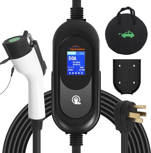TopAutoGear Level 2 EV Charger 50A 240V Portable EVSE 45 Miles Per Hour Fast Charging, NEMA 14-50 Plug, 25FT Cable, SAE J1772 Compatible, Smart LCD Delay Timer, Home Outdoor Use