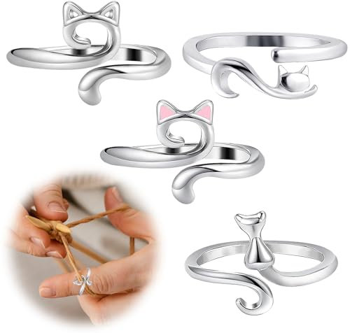 Amaxiu 4 Stück Häkelring Für Finger,Häkelringe mit Katzenmuster Crochet Ring Silberner Garnring Strickschlaufe Offener Fingerring Fingerhalter Fingerhut Weben Strickregler für Mutter Oma