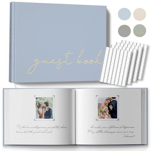 BVSSX Wedding Guest Book With Clear Photo Corners Stickers - Linen Photo Guestbook to Sign at Bridal Shower or Wedding Reception Party - 100 Pages, Blue