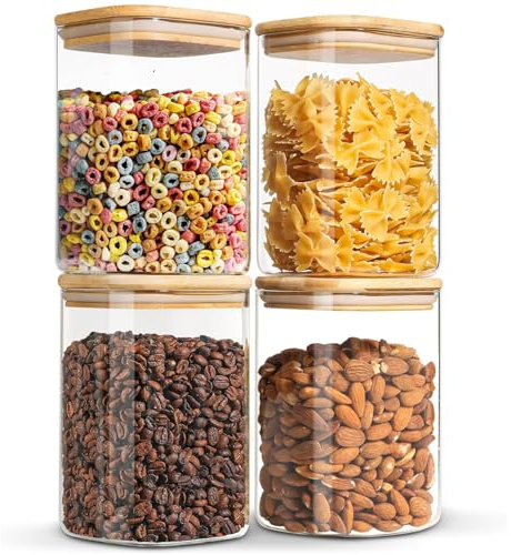 BUOAZR Bocaux en Verre, Lot de 1100ml×4 Bocal en Verre avec Couvercle en Hermétique Bambou, Bocaux Rangement Cuisine, Bocaux Conservation Verre pour Pâtes, Céréales, Thé, Sucre, Épice