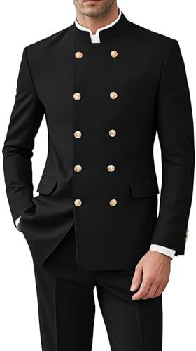 CYANDUSTY Men's Chinese Tunic Suits Mandarin Collar Formal Jacket Slim Fit Gold Button Blazer Traditional Uniform Groom Wedding Prom Suit L