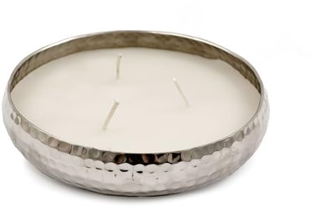 Round Silver Metal Display Bowl with Candle | 3 Wick Vanilla Scented Candle & Holder | Vanilla Fragrance - 16cm
