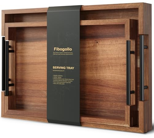 Fibogollo Acacia Wood Set of 2 Serving Tray with Metal Handles,Ottoman Decorative Trays Platter for Coffee Table,Living Room,Bar,Party