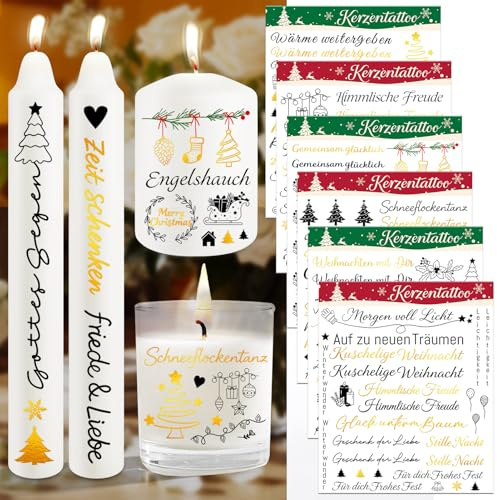 Leesgel 6 Stück Kerzentattoos Weihnachten, Wasserschiebefolie Wassertransferdruck, Kerzenaufkleber Folie Weihnachten, für Stab und Stumpenkerzen, Glas, Tasse, DIY Kerzen, Kerzen Deko, Geschenke