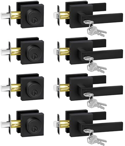 Camtek Door Locks for Front Door, Exterior Door Lock Set with Deadbolt Lock | Matte Black Keyed Alike Front Door Lock Set , Heavy Duty Black Door Handles and Single Cylinder Exterior Door Handle 4 Pack