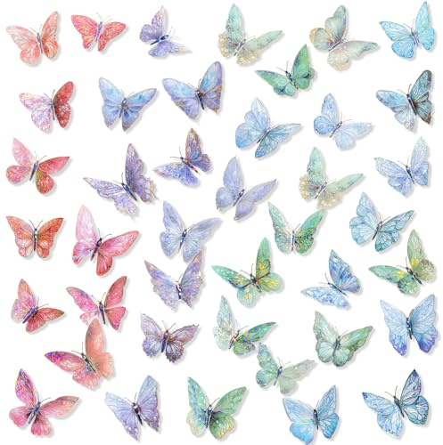 KASESSS 40Pièces 3D Papillon Decoration, 4 Styles Autocollants Muraux de Papillons 3D Sticker Mural, Technique de Dorure à Chaud Papillons Décoratifs pour Festival Décoration de Fête Chambre à Coucher