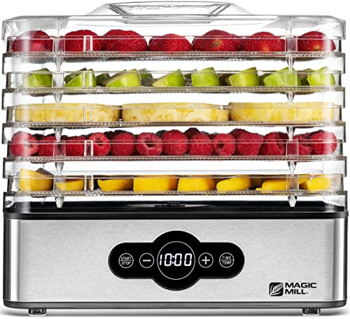 Magic Mill Food Dehydrator Machine | 5 Stackable Stainless Steel Trays, 48H Digital Adjustable Timer & Temperature Control Upto 167° Electric Dryer & Preserver for Jerky, Fruit, Dog Treats & Much More