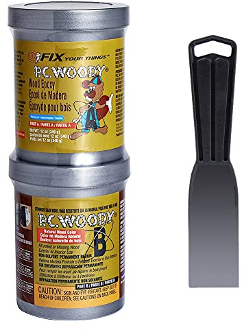 PC Products PC-Woody Wood Repair Epoxy Paste Kit with Mixing Tool, Two-Part 12 oz in Two Cans, Tan, 63320