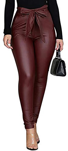 FeMereina Women's Stretchy Faux Leather Leggings High Waisted Sexy Tights Black PU Bodycon Pants with Pockets