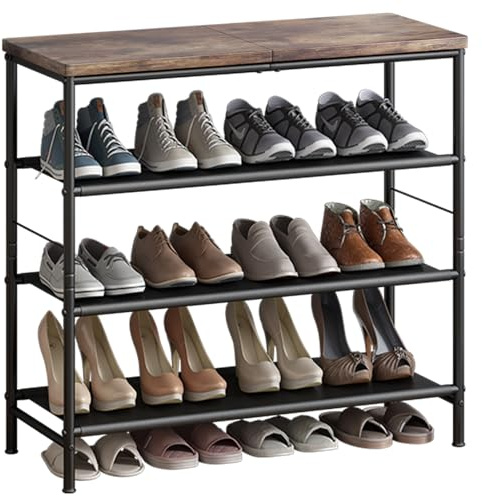 INGIORDAR Shoe Rack Organizer 4 Tier Metal Organizer Shelf with Industrial MDF Board and Layer Fabric for Entryway Closet Bedroom Living Room Garage,Black & Rustic Brown (Black+Rustic Brown, 4 Tier)