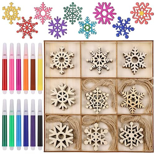 45 copos de nieve de madera, decoraciones de árbol de Navidad vintage, copos de nieve de madera para bricolaje con cordones y bolígrafos, 12 colores, copo de nieve, decoración de Navidad, decoraciones