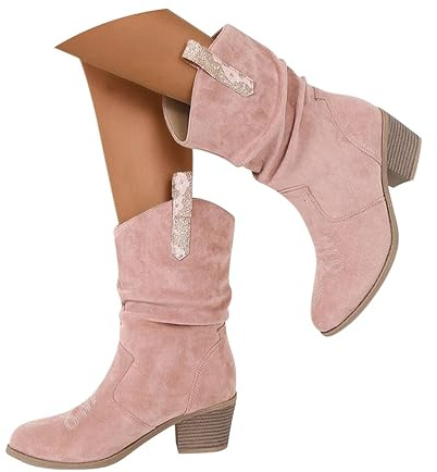 Minetom Donna Suede Stivaletti da Cowboy Tacco A Blocco Western Scarpe Equestri Vintage All'Aperto Slip On Stivali Corti A Rosa 39 EU