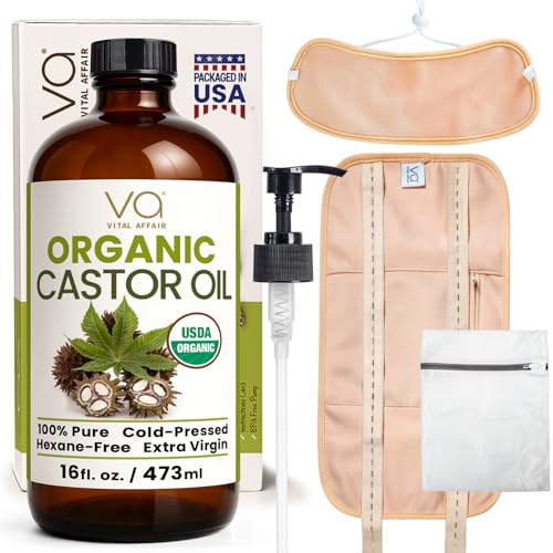 Castor Oil Pack Wrap Kit – USDA Organic, 16 oz Cold-Pressed Hexane-Free Castor Oil in Glass Bottle | Adjustable Cotton Flannel Waist & Neck Wraps | Made in USA | Liver, Abdominal & Detox Therapy