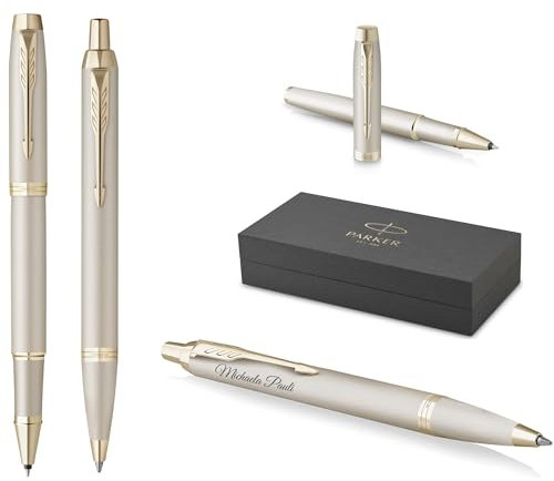 PARKER Schreibset IM Professionals Monochrome Kugelschreiber und Tintenroller mit Gravur | Premium Stift | Geschenkbox | personalisiert | graviert | Jahrestag | Geburtstag (Champagne)
