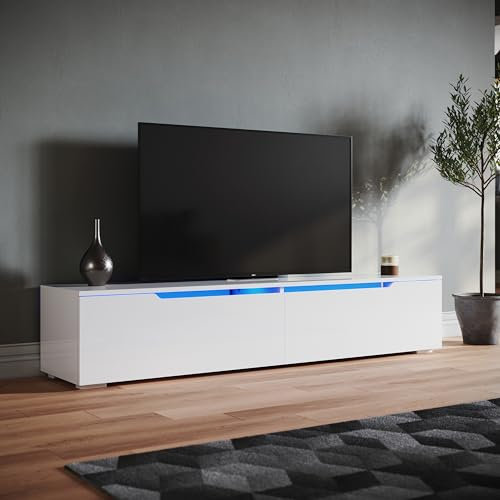 SONNI Mueble TV con Luz LED Regulables de 12 Colores,Mueble de Salón Blanco 160x35x30cm