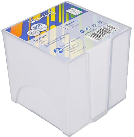 Westcott Notizzettel weiß 800 Blatt in Zettelbox | Notizblock mit 9 x 9 cm großen Blättern in weiß | Stabile Box aus transparentem Kunststoff | FSC-zertifiziertes Papier 80g/m² | E-733205 00