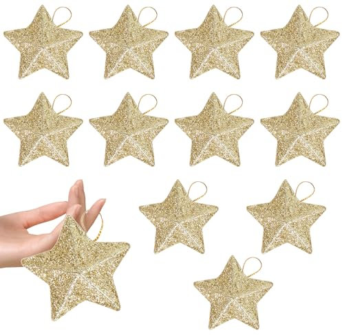 12 Christbaumschmuck Gold,Sterne Weihnachtsbaum Stern Deko,Weihnachtsbaumschmuck Gold,Weihnachtsschmuck Baum,Weihnachtsdeko Baum,Tannenbaumschmuck,Glitzer Christbaumanhänger,Stern für Weihnachtsbaum