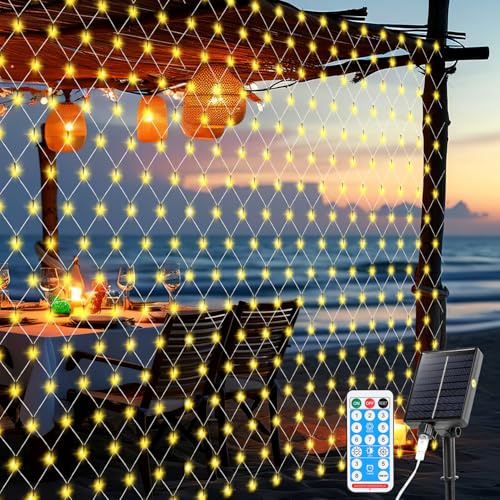 Cecaylie Solcellsnät, 4,5 x 1,6 m–352 lysdioder ljusnät med fjärrkontroll, 8 lägen timingfunktion-minnesfunktion, IP44, lämplig för bröllop och andra helgdagsdekorationer, varmvit