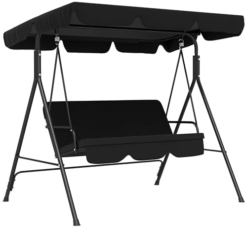 Outsunny Columpio de Jardín Exterior de 3 Plazas, Balancín de Jardín Exterior con Techo Ajustable y Marco de Acero, para Balcón, Terraza, Patio, Carga 200 kg, 172x110x153 cm, Negro