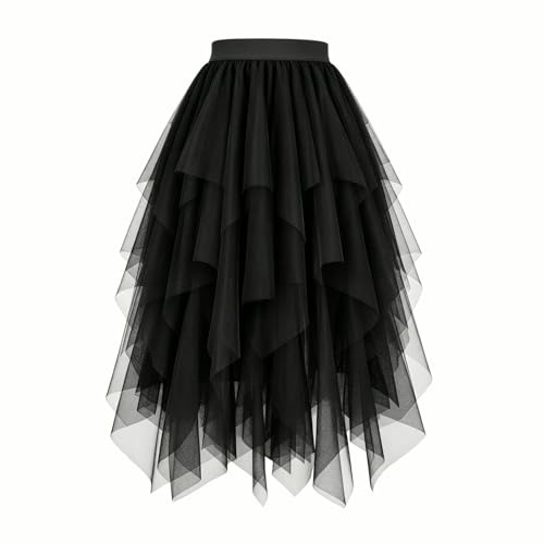 WERFORU Gonna da donna in tulle, a strati, alta-bassa, irregolare, in tulle, a linea A, midi, gonna estiva, gonna soffice, da fata, A-nero., M