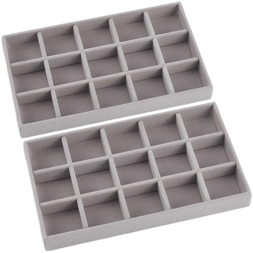 SOFPLATE 2 pz 5x8.3 pollici Inserti per Cassetti per Gioielli Vassoio per Gioielli In Velluto Grigio 15 griglie Cassetto per Orecchini con Divisore Rimovibile Contenitore per Organizer per Collane per
