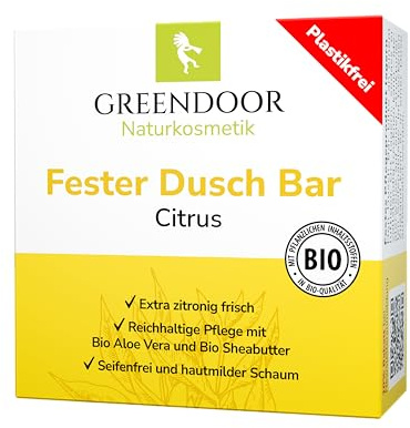 GREENDOOR Doccia Bar Citrus 60 g, gel doccia solido, doccia delicata con burro di karitè biologico, senza olio di palma solfati plastica, cosmetici naturali senza esperimenti sugli animali