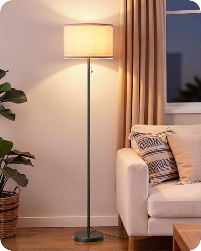 EDISHINE 57'' Modern Floor Lamp with Linen Shade, 2700K LED Bulb Included | Tall Standing Lamp for Living Room, Bedroom, Office, Pull Chain Switch, Brushed Gold Pole, E27 Socket