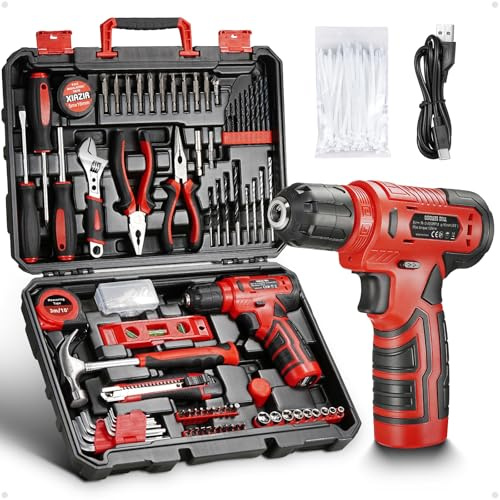 Set di utensili 233 pezzi con trapano avvitatore a batteria, cassetta attrezzi completa per fai-da-te a casa con cacciaviti, pinze, martello, punte e accessori (Rosso)