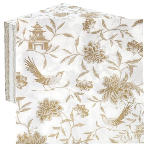Table Fun 100 x Bulk Pack Soft Gold Chinoiserie Paper Napkins | 2ply 33cm | Gold Disposable Party Serviettes for Birthdays, Elegant Wedding Napkins, Pretty Tableware for Anniversaries and Tea Parties